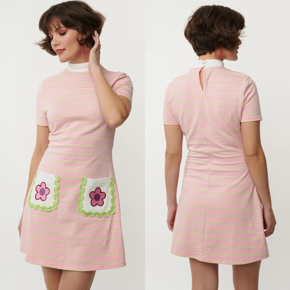 Pink Striped Mini Dress with Floral Pockets